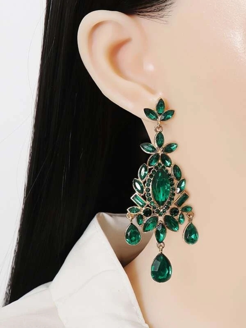 Emerald Green Statement Drop Earrings - Women Jewelry - Picture 2 of 2